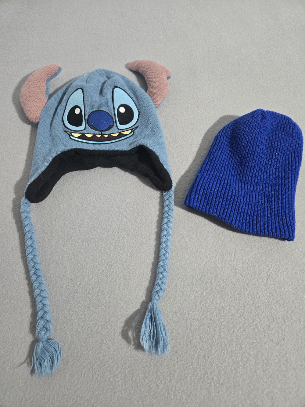 Disney Blue Stitch Earflap Beanie with Pink Ears + Royal Blue Knit Cap